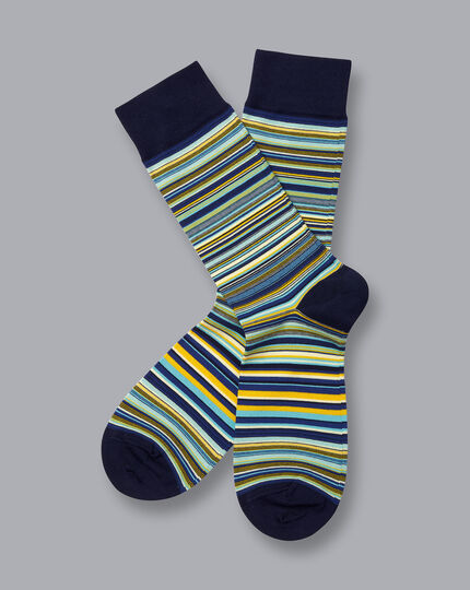 Multi Stripe Socks - Petrol Blue & Lemon