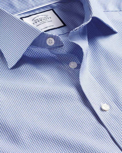 Semi-Spread Collar Egyptian Cotton Twill Small Grid Check Shirt - Ocean Blue
