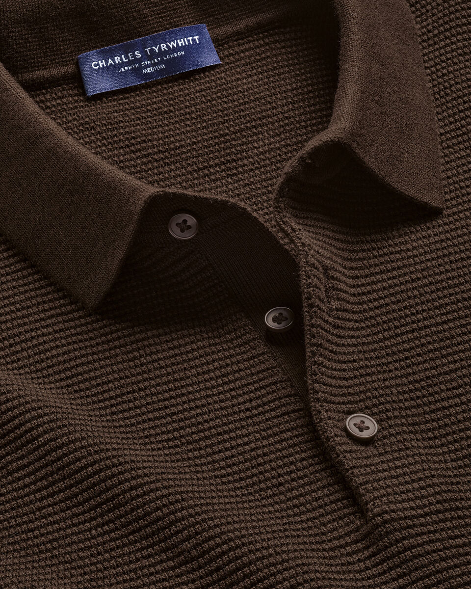 Long Sleeve Cotton Textured Knitted Polo - Chocolate Brown