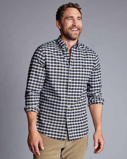 Button-Down Collar Brushed Washed Oxford Grid Check Shirt - Navy