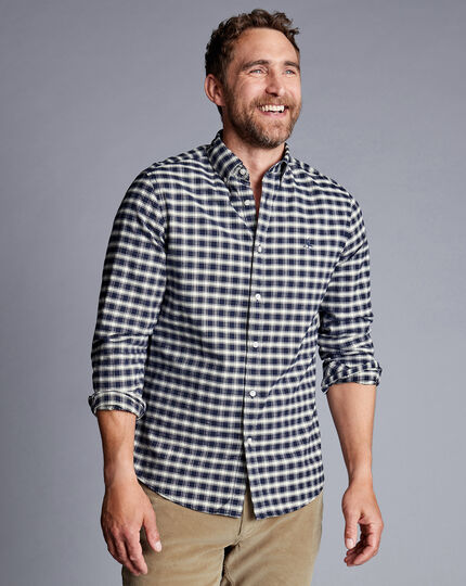 Button-Down Collar Brushed Washed Oxford Grid Check Shirt - Navy