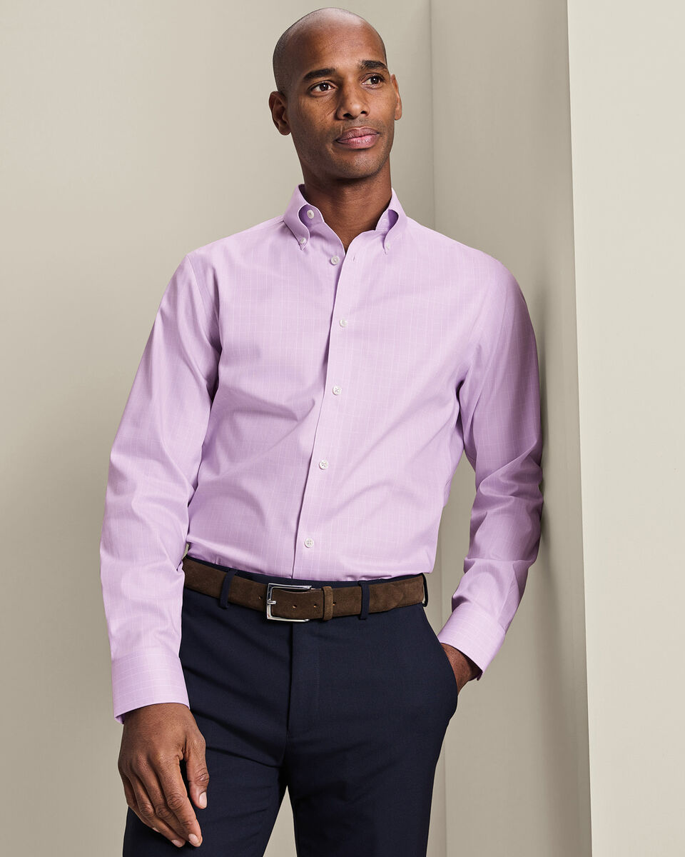 Non-Iron Stretch Pinpoint Oxford Prince of Wales Shirt - Lilac