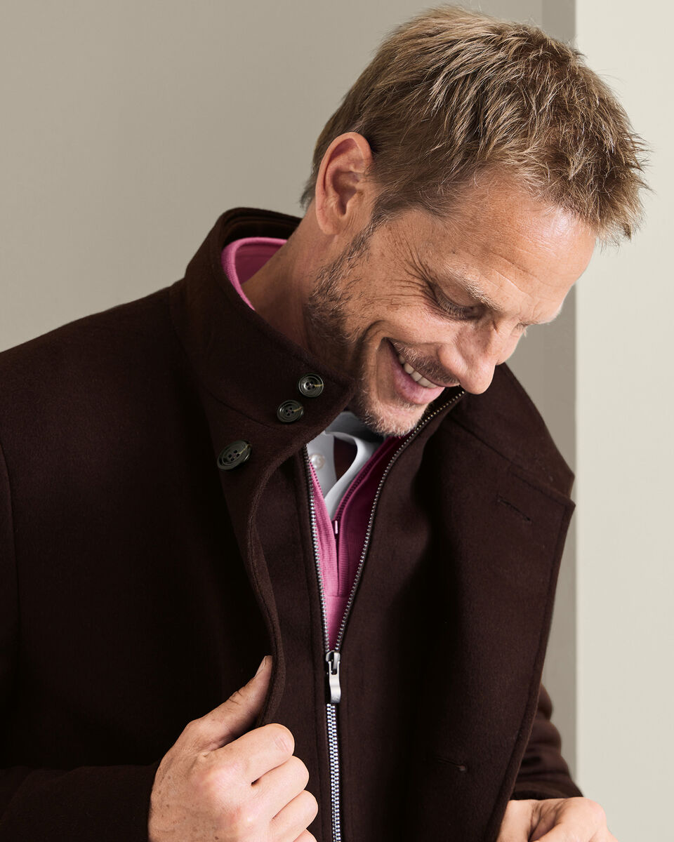 Manteau long &agrave; col chemin&eacute;e en laine m&eacute;rinos fine - Chocolat