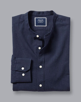 Kragenloses Hemd aus Baumwoll und Leinen - Marineblau