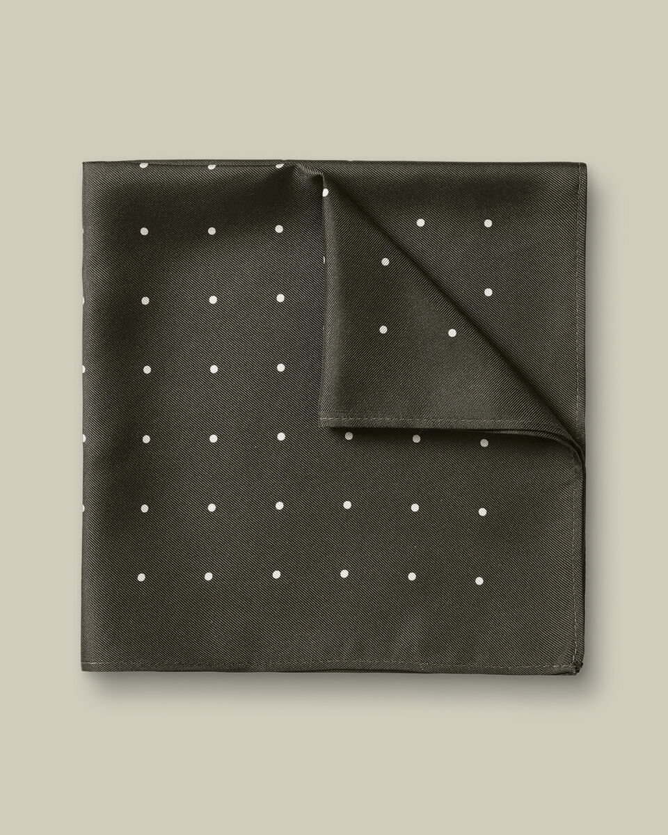 Pa&ntilde;uelo De Bolsillo De Seda Con Puntos - Verde Oliva Y Blanco