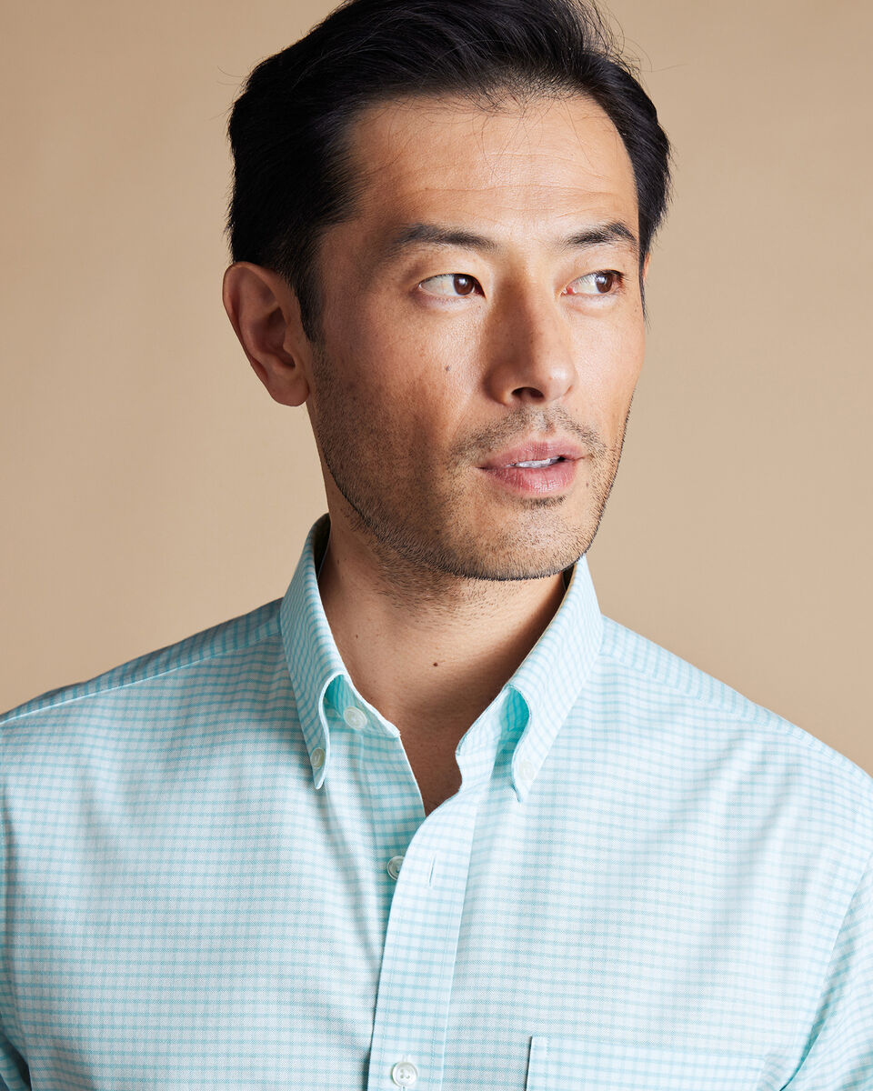 ButtonDown Collar NonIron Stretch Check Oxford Shirt Aqua Green