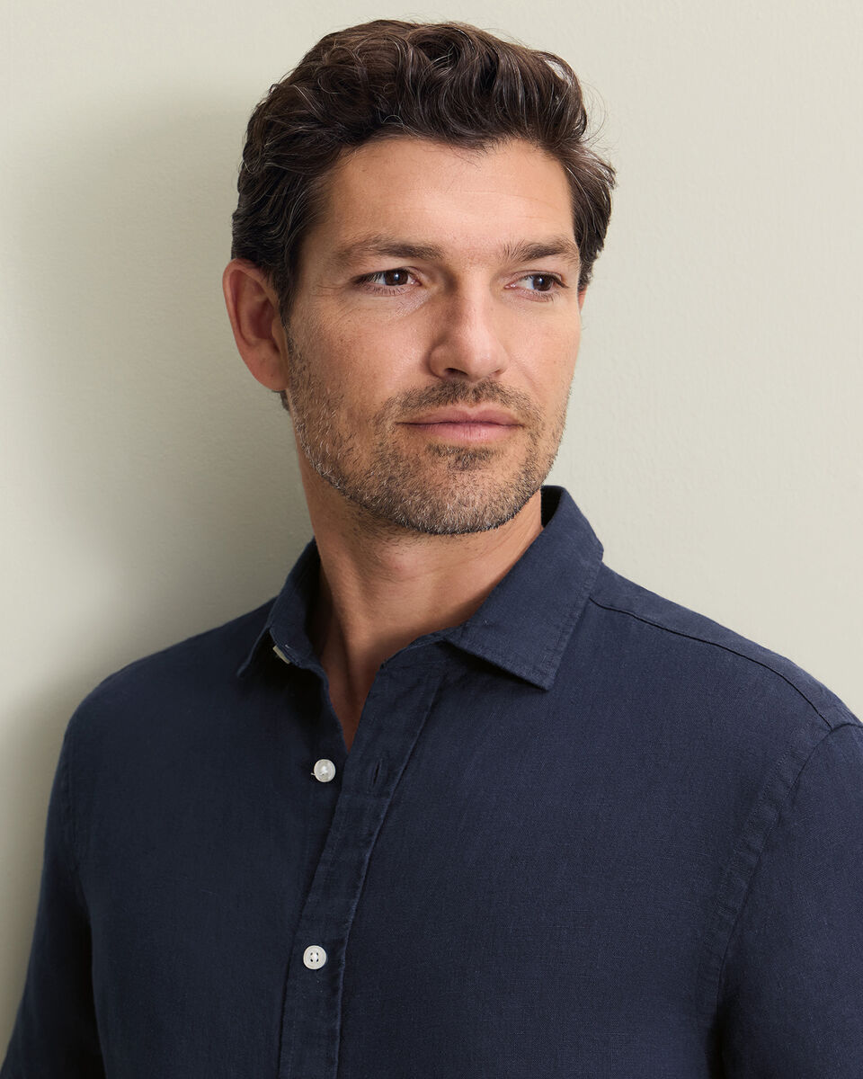 Short Sleeve Pure Linen Shirt - Navy