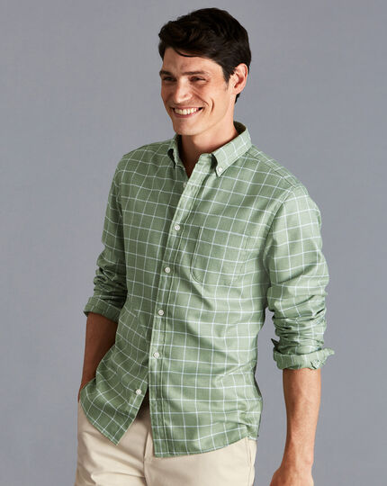 Button-Down Collar Non-Iron Twill Windowpane Check Shirt - Green