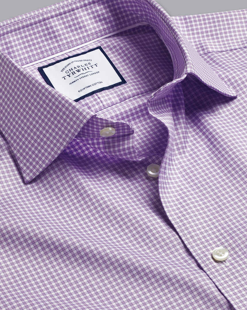 Semi-Spread Collar Egyptian Cotton Twill Gingham Check Shirt - Mauve Purple