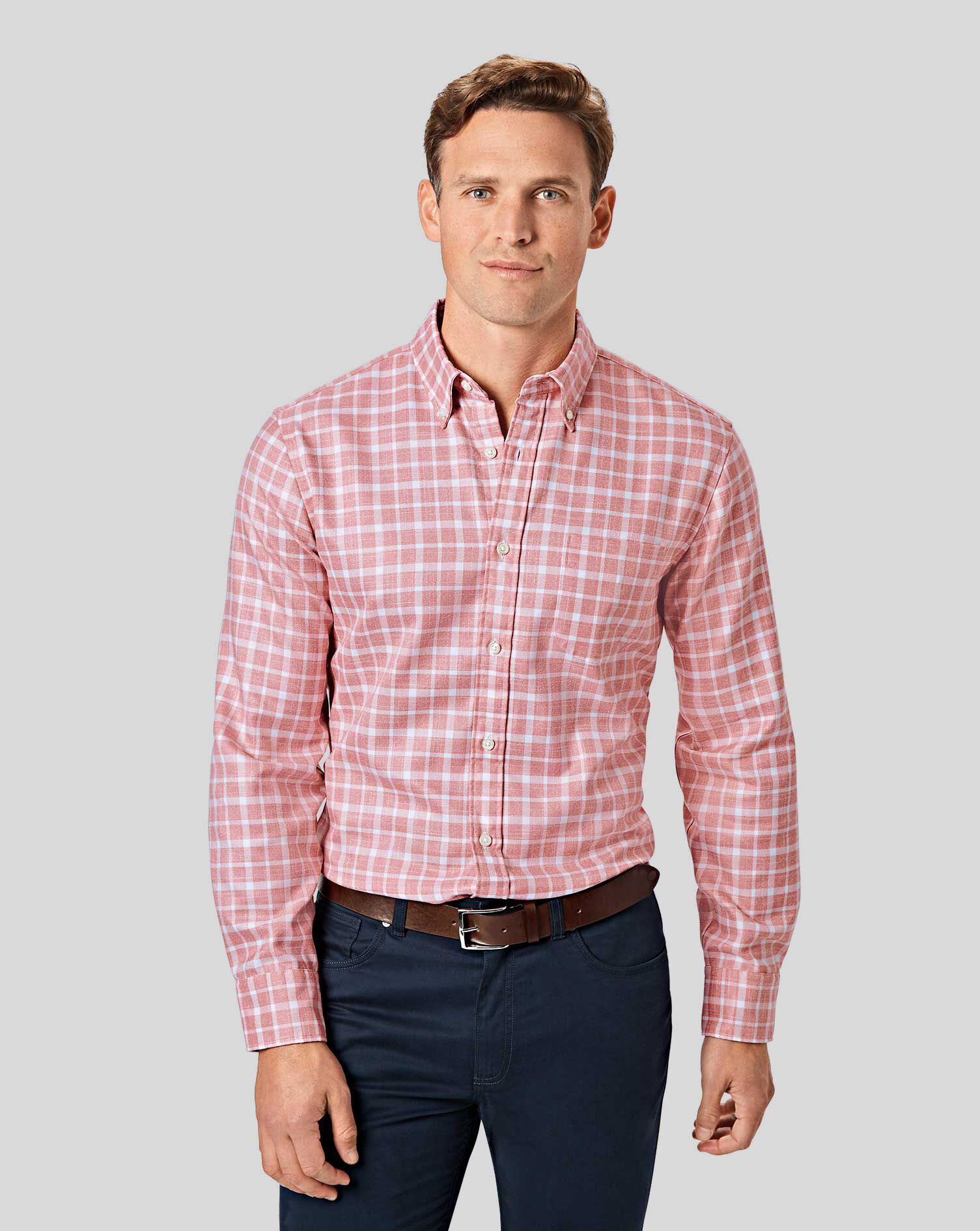 pink and white button up