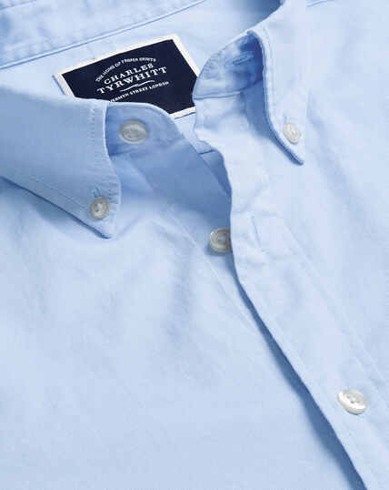 Button-Down Collar Washed Oxford Short Sleeve Shirt - Sky