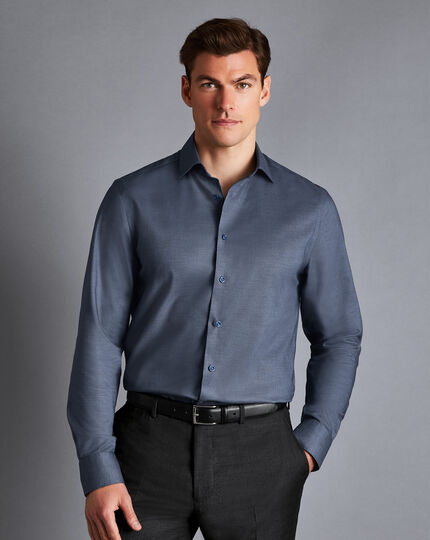Semi-Cutaway Collar Non-Iron Stretch Texture Shirt - Denim Blue