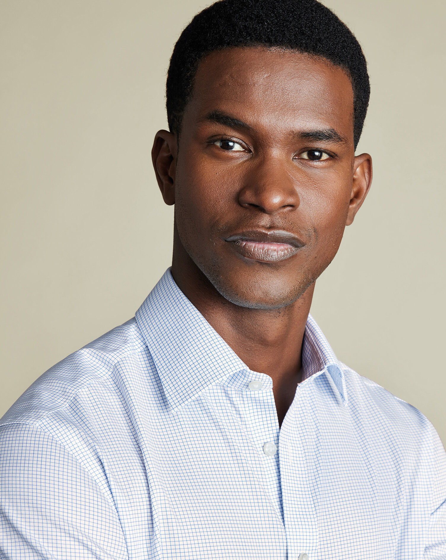 Non-Iron Twill Mini Grid Check Shirt - Cornflower Blue