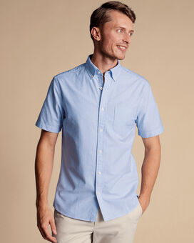 Vorgewaschenes Oxford-Kurzarmhemd mit Button-down-Kragen und Streifen - Ozeanblau