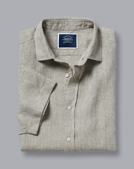 Pure Linen Short Sleeve Shirt - Olive Green