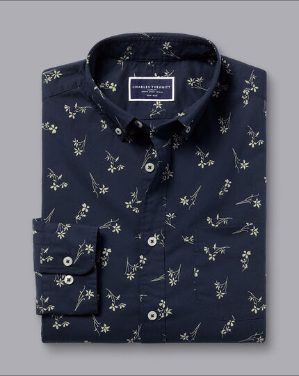 Button-Down Collar Non-Iron Floral Print Shirt - Stone