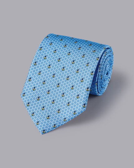 Krawatte aus Seide mit Bienen-und-Honig-Motiv - Kornblumenblau