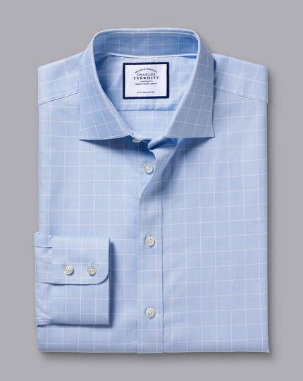 Semi-Cutaway Collar Egyptian Cotton Twill Check Shirt - Cornflower Blue