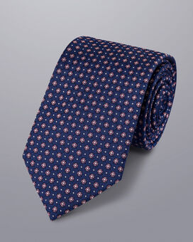 Cravate à Mini Motif Floral En Soie Résistante Aux Taches - Bleu Pétrole et Rose