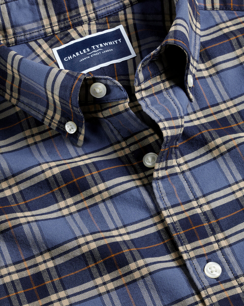 Button-Down Collar Brushed Washed Oxford Overcheck Shirt - Indigo Blue