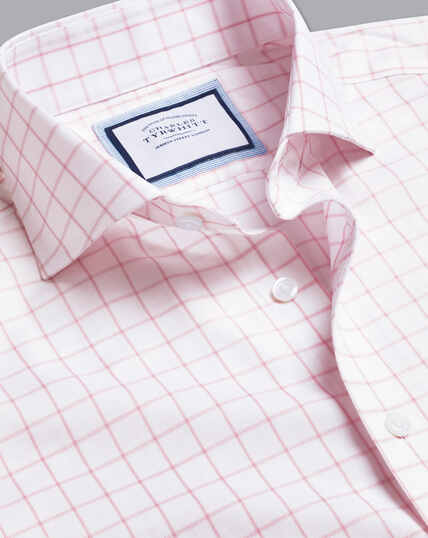Spread Collar Non-Iron Twill Grid Check Shirt - Pink