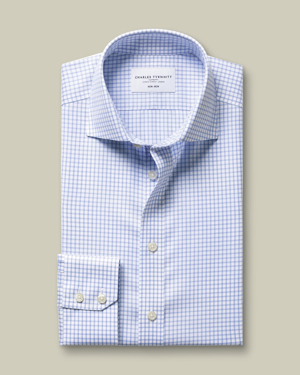 Non-Iron Twill Grid Check Shirt - Sky Blue
