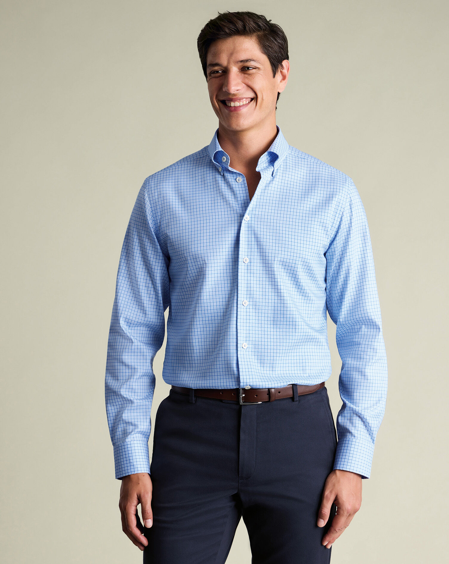 Non-Iron Stretch Pinpoint Oxford Check Shirt – Cornflower Blue