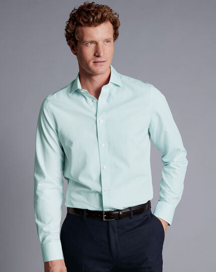 Spread Collar Non-Iron Mini Gingham Check Shirt - Aqua Green