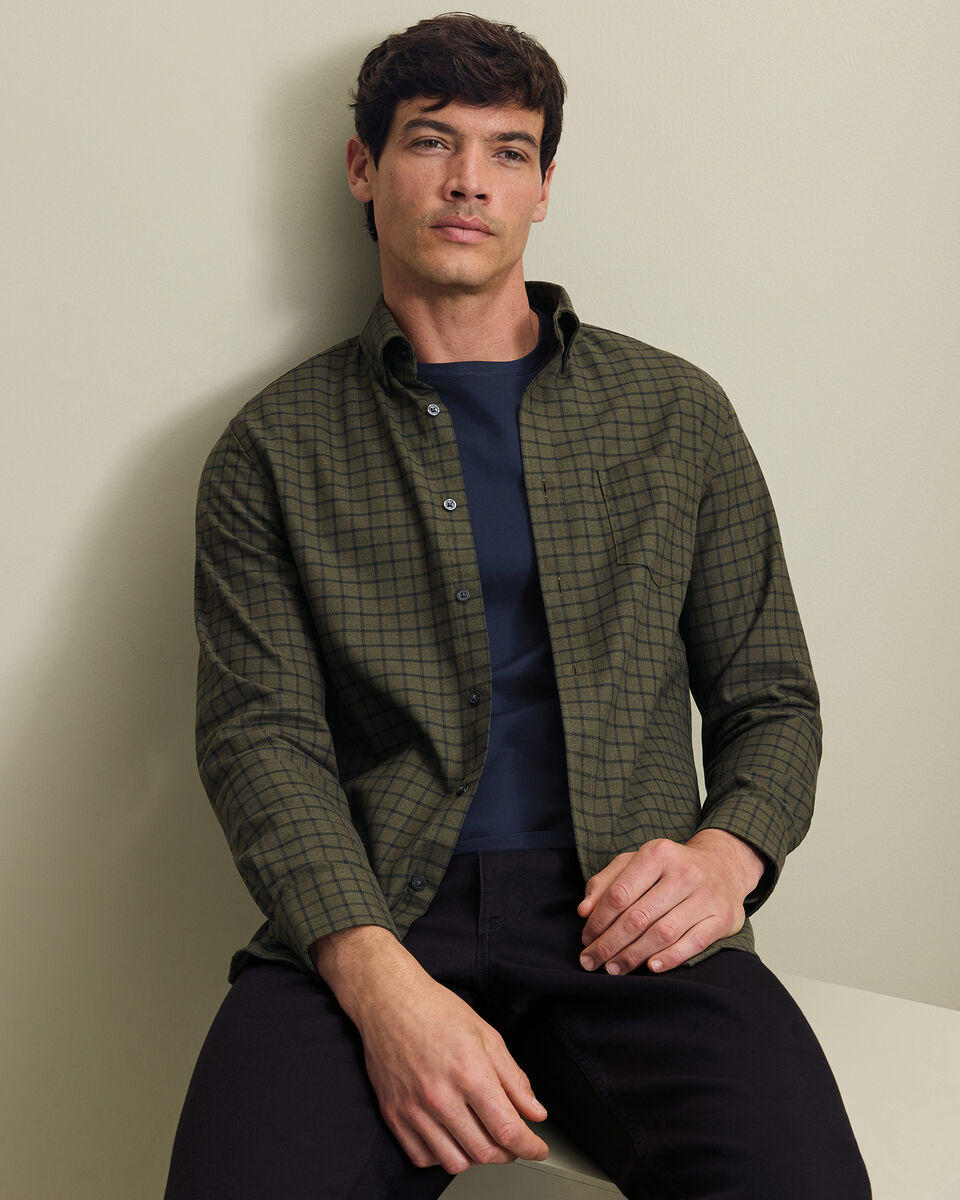 Non-Iron Twill Check Shirt - Olive Green
