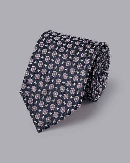 Stain Resistant Floral Silk Tie - Dark Navy