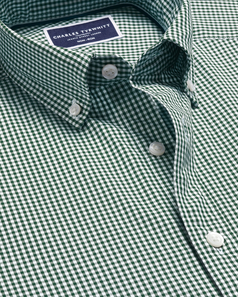 Button-Down Collar Non-Iron Stretch Poplin Gingham Shirt - Green
