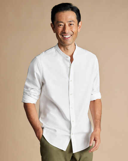 Kragenloses Hemd aus Baumwoll und Leinen - Weiß