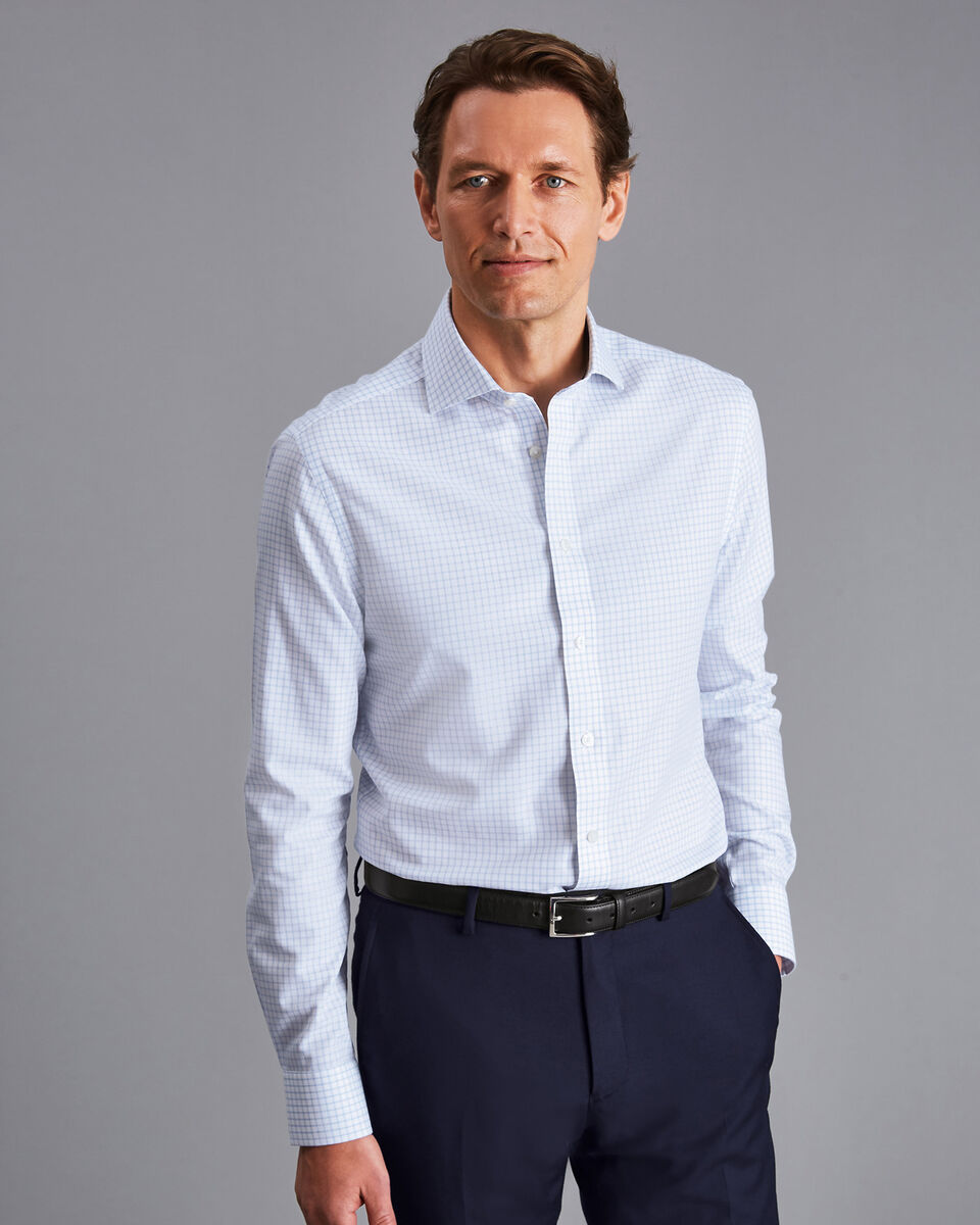 Cutaway Collar Non-Iron Regent Weave Check Shirt - Sky | Charles Tyrwhitt