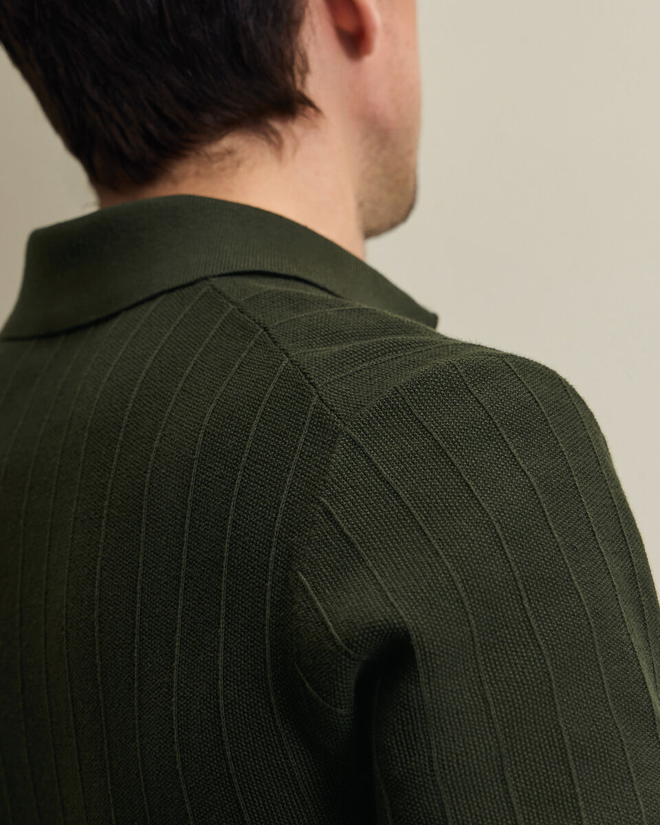 Cotton Stripe Textured Knitted Polo - Olive Green