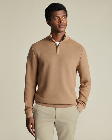 Honeycomb Cotton Quarter Zip Jumper - Camel