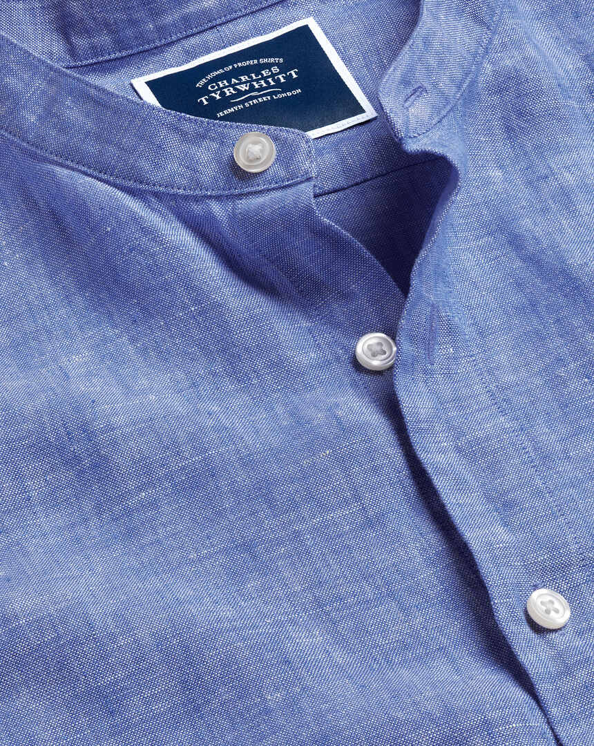Collarless Linen Shirt - Cobalt Blue