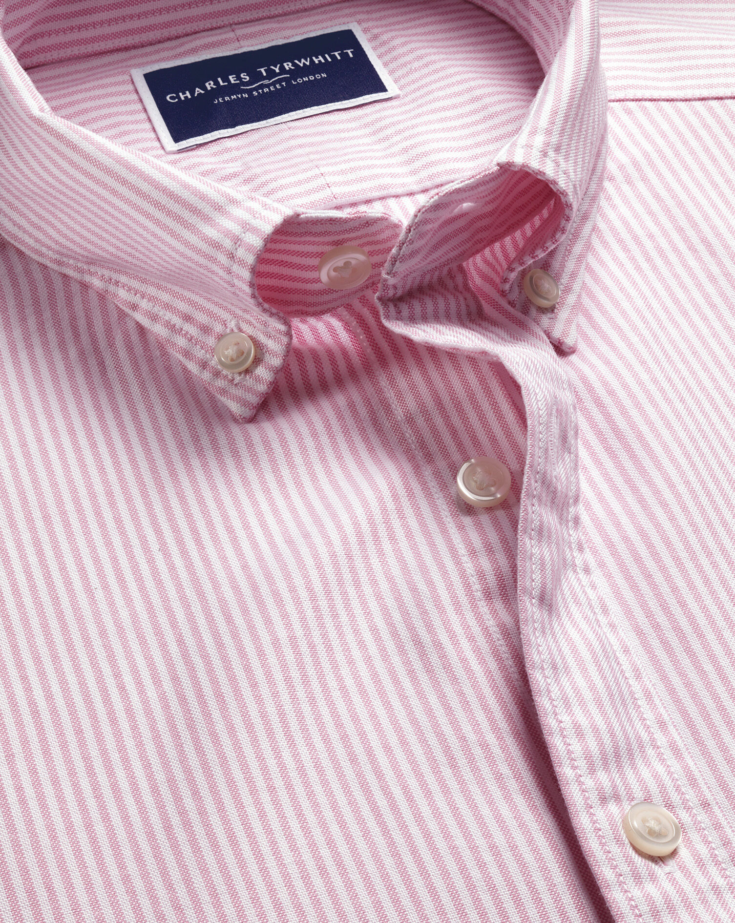 Button-Down Stretch Washed Oxford Stripe Shirt - Pink | Charles