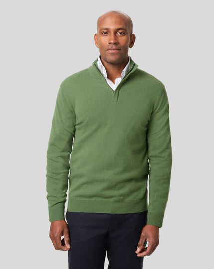 Merino Cashmere Zip Neck Sweater - Olive 