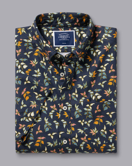 Bügelfreies Stretch-Kurzarmhemd aus Popeline mit Button-down-Kragen und buntem Blattmuster - Marineblau
