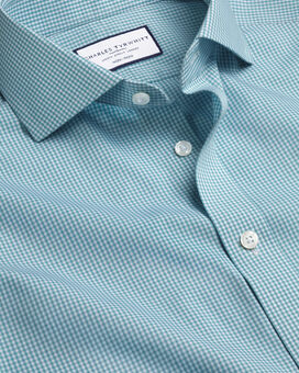 Spread Collar Non-Iron Mini Gingham Poplin Check Shirt- Aqua Green