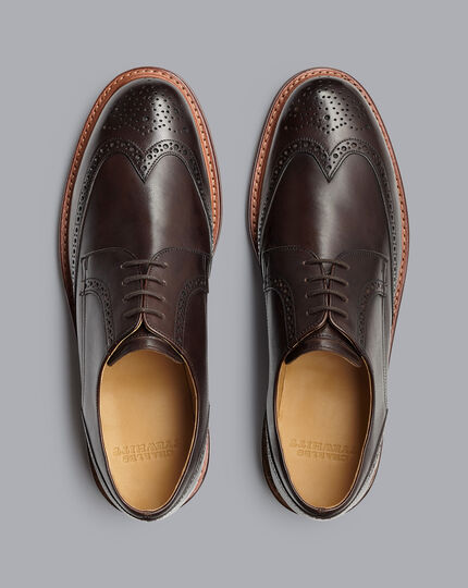 Rubber Sole Leather Derby Brogue Shoes - Dark Chocolate