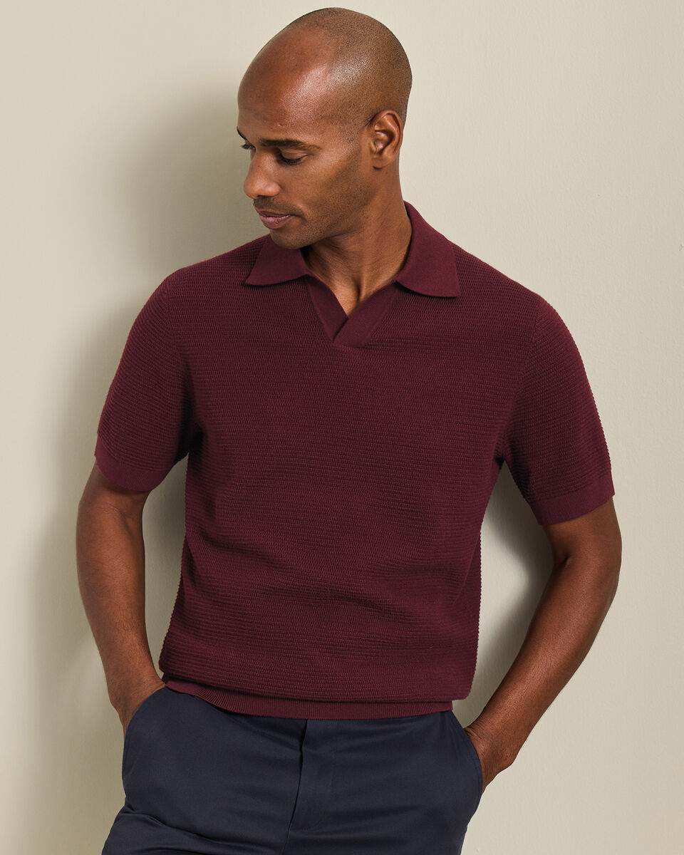Cotton Texture Trophy Neck Knitted Polo - Burgundy