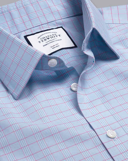 Spread Collar Non-Iron Prince of Wales Check Shirt - Blue & Pink