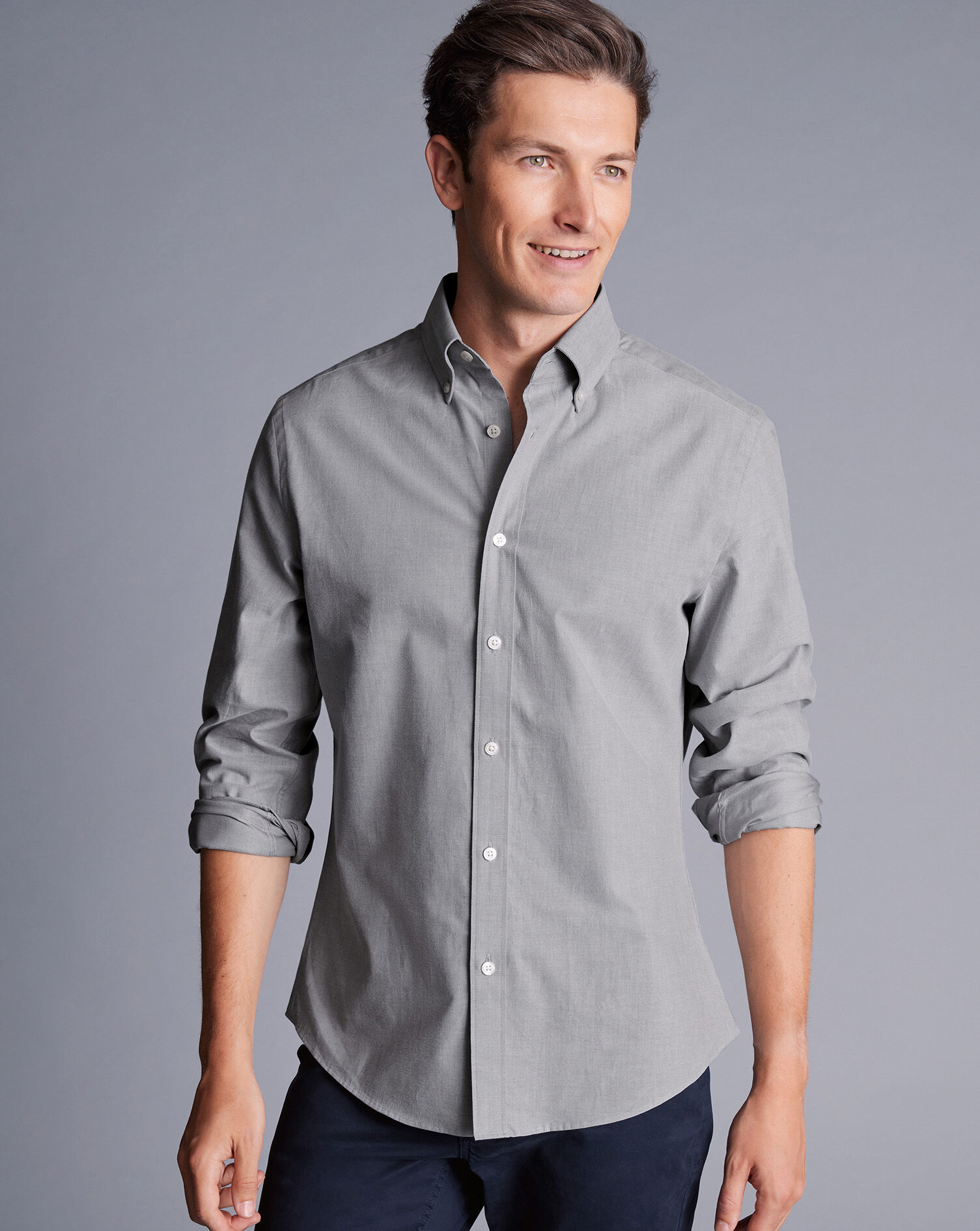 Button-Down Collar Brushed Cotton Twill Shirt - Light Grey