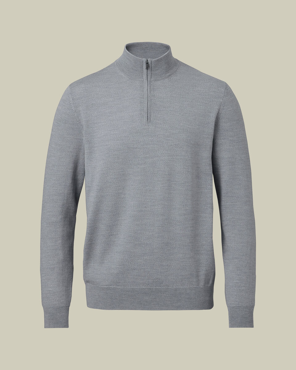 Pure Merino Quarter Zip Sweater - Light Gray