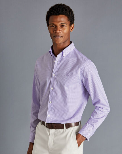 Button-Down Collar Non-Iron Stretch Mini Gingham Check Shirt - Lilac