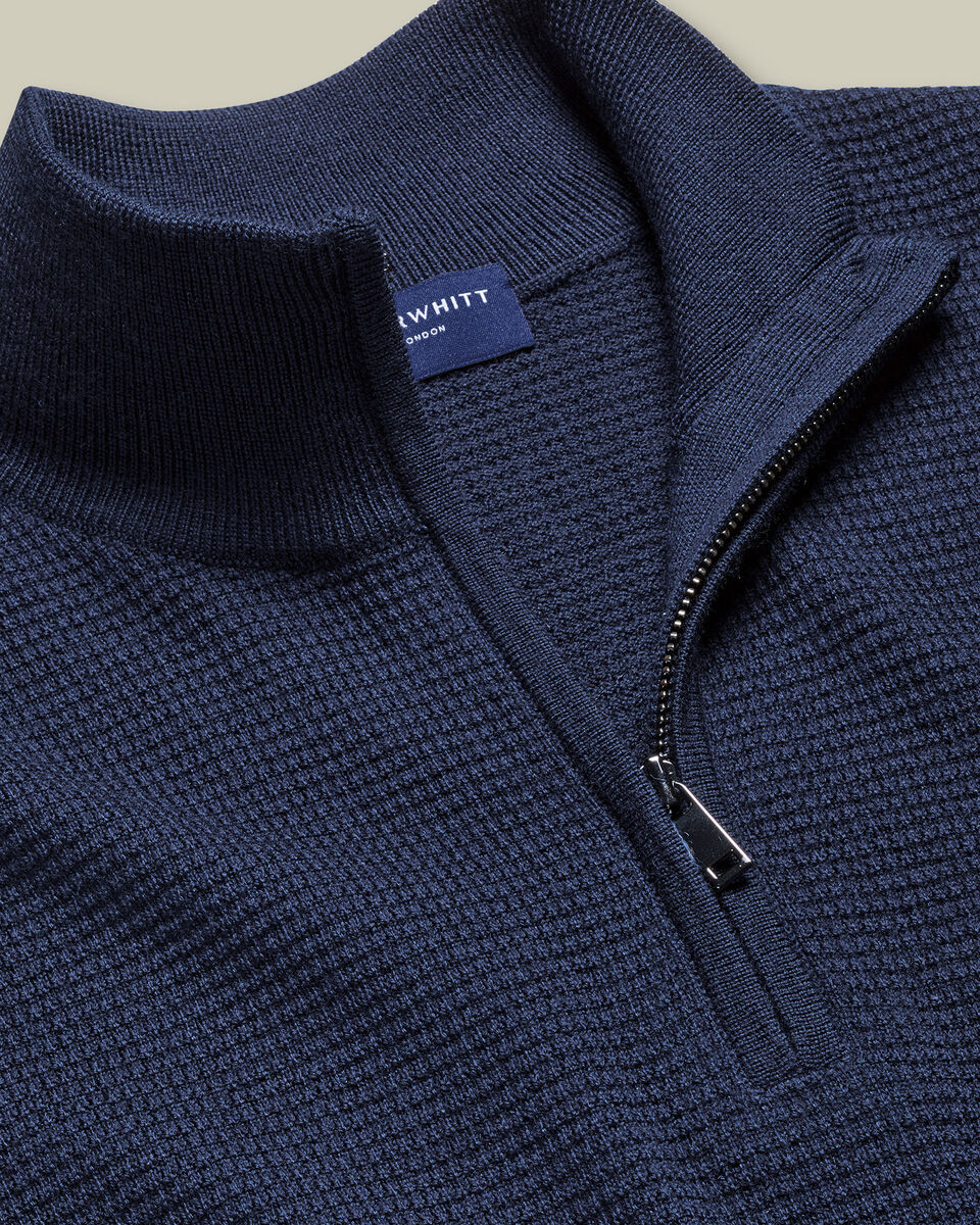 Pure Merino Textured Zip Neck Sweater - Navy