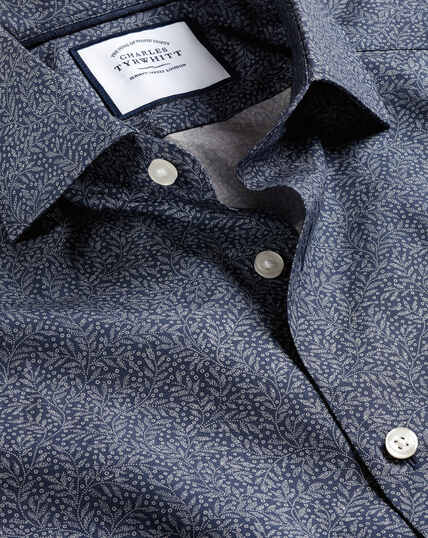 Made with Liberty Fabric Leaf Print Semi-Cutaway Collar Shirt - Indigo Blue