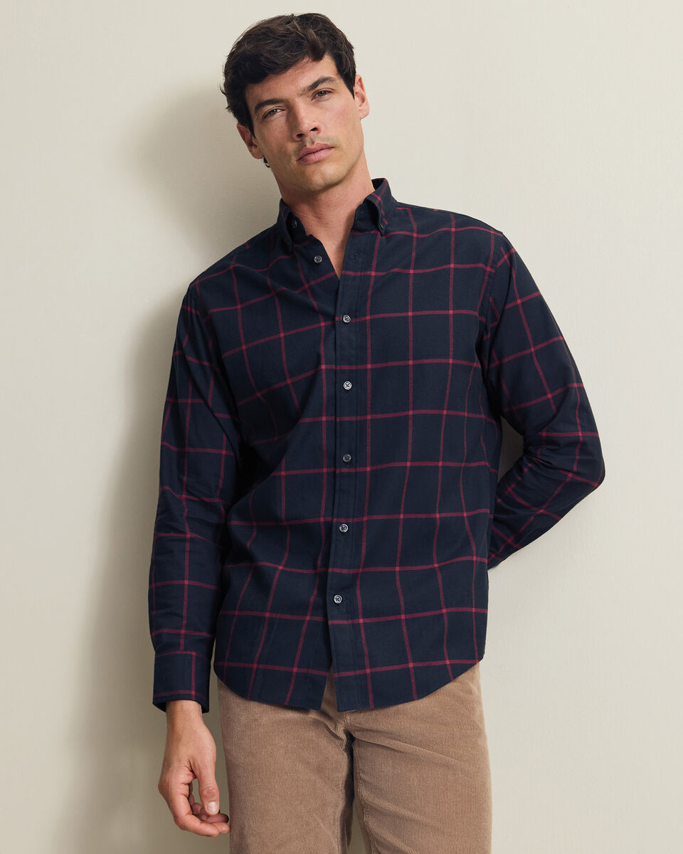 Brushed Flannel Windowpane Check Shirt - Red