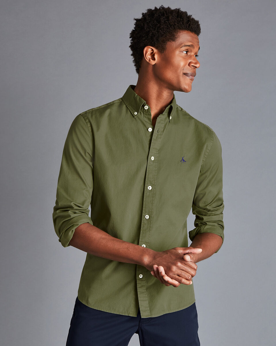 Button-Down Collar Washed Fine Twill Shirt - Olive Green | Charles Tyrwhitt | T-Shirts